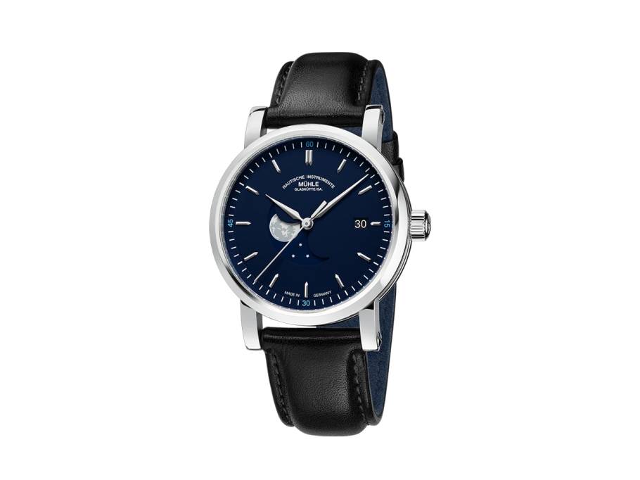 Teutonia IV BlueMoon Automatik Edelstahl 39mm nachtblaues Zifferblatt schwarzes Lederband