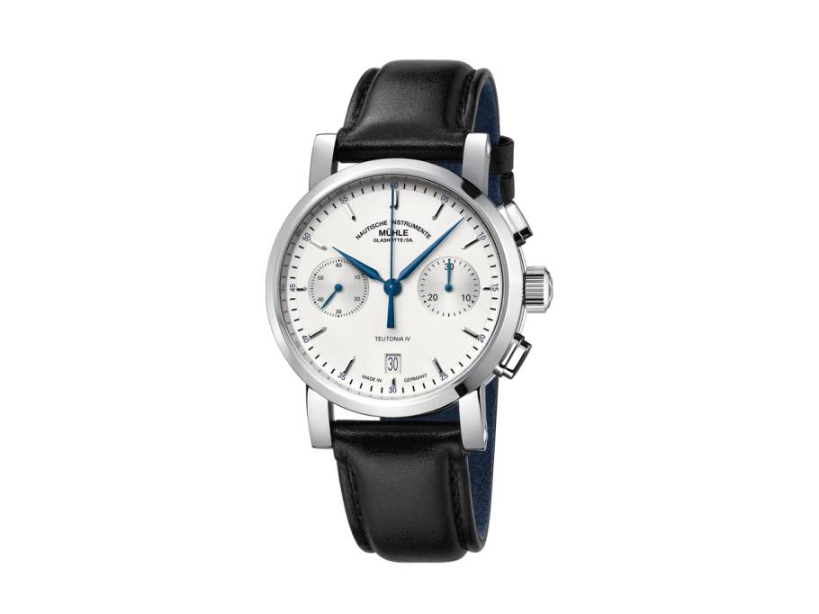 Teutonia IV Chronograph Automatik Edelstahl 39mm weißes Zifferblatt schwarz Lederband