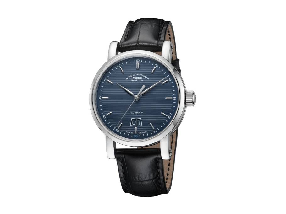 Teutonia IV Großdatum Edition 1994 Automatik Edelstahl 41mm anthrazitblaues Zifferblatt schwarzes Lederband