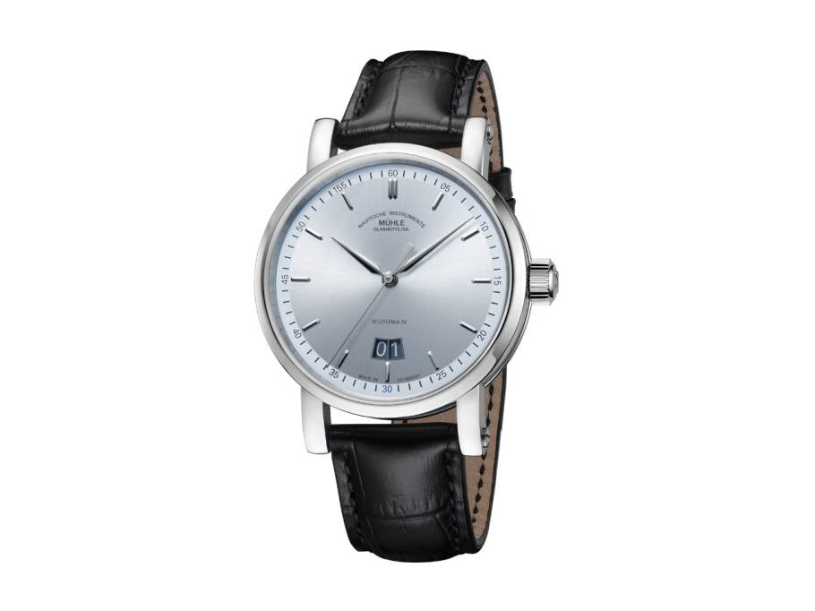 Teutonia IV Großdatum Edition 1994 Automatik Edelstahl 41mm eisblaues Zifferblatt schwarzes Lederband