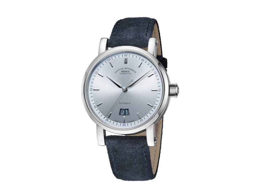 Teutonia IV Großdatum Edition 1994 Automatik Edelstahl 41mm eisblaues Zifferblatt blaues Velours-Lederband