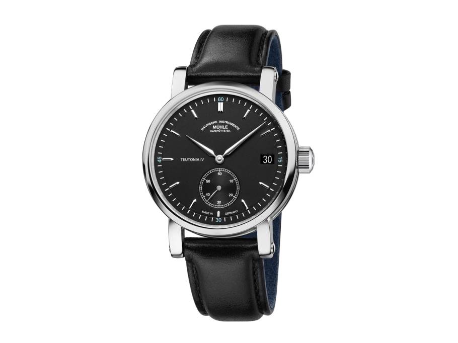 Teutonia IV Kleine Sekunde Automatik Edelstahl 41mm schwarzes Zifferblatt schwarzes Lederband