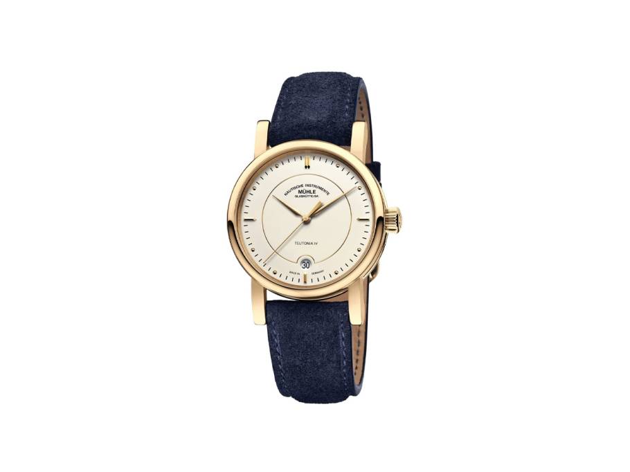 Teutonia IV Lady Gold Limited Edition Automatik Gelbgold 33,5mm beiges Zifferblatt blaues Lederband