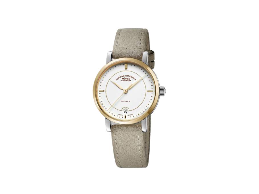 Teutonia IV Lady Automatik Edelstahl 33,5mm brillantweißes Zifferblatt beiges Lederband