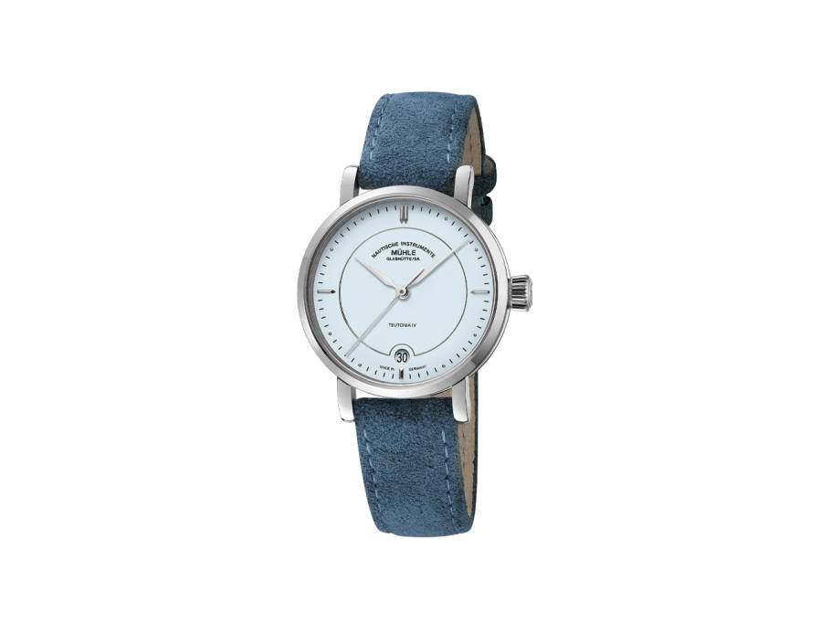 Teutonia IV Lady Automatik Edelstahl 33,5mm pastellblaues Zifferblatt blaues Lederband