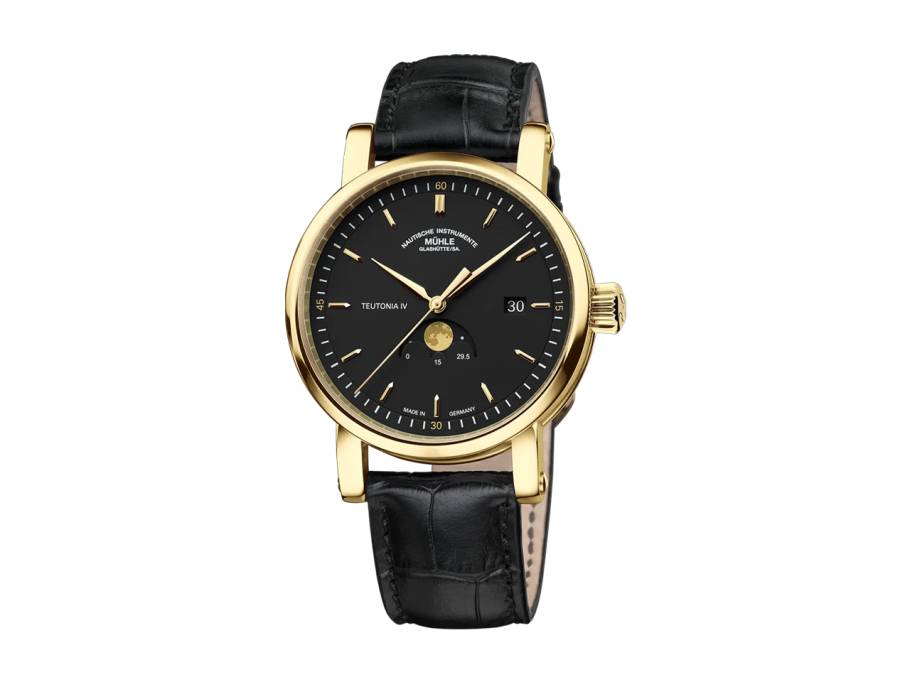 Teutonia IV Mondphase Gold Limited Edition Automatik Gelbgold 41mm schwarzes Zifferblatt schwarzes Lederband