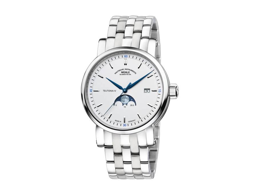 Teutonia IV Mondphase Automatik Edelstahl 41mm weißes Zifferblatt Metallband