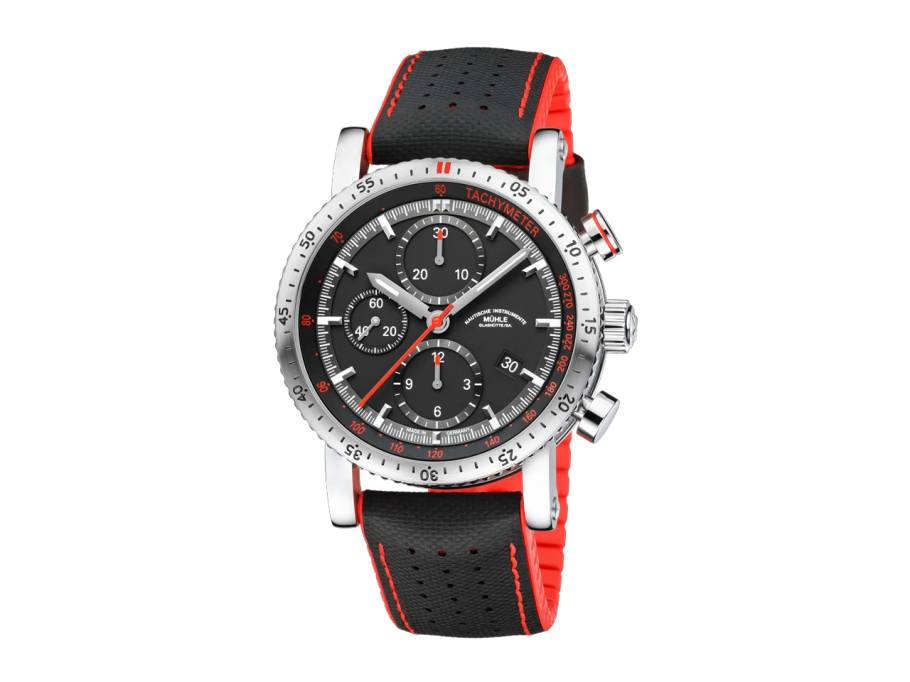 Teutonia Sport I Chronograph Automatik Edelstahl 42mm schwarzes Zifferblatt schwarzes Lederband