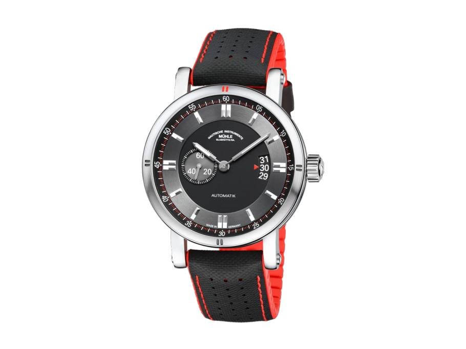 Teutonia Sport II Automatik Edelstahl 41mm schwarzes Zifferblatt schwarzes Lederband