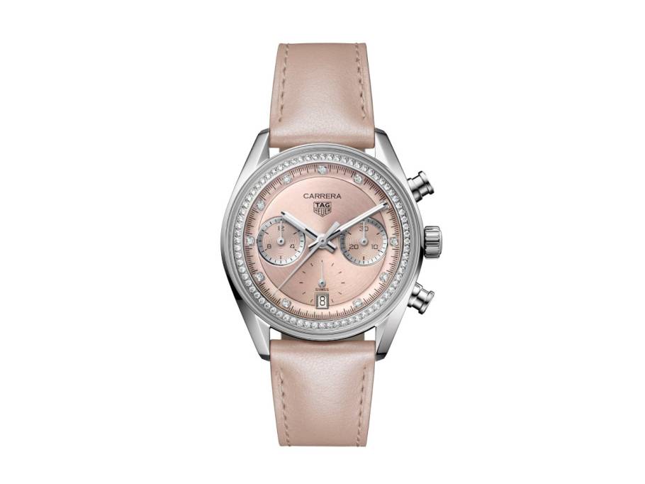 Carrera Chronograph Automatik Edelstahl 39mm rosa Zifferblatt mit Diamanten rosa Lederband