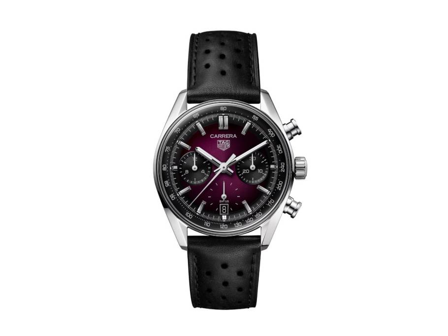 Carrera Chronograph Automatik Edelstahl 39mm violettes Zifferblatt schwarzes Lederband