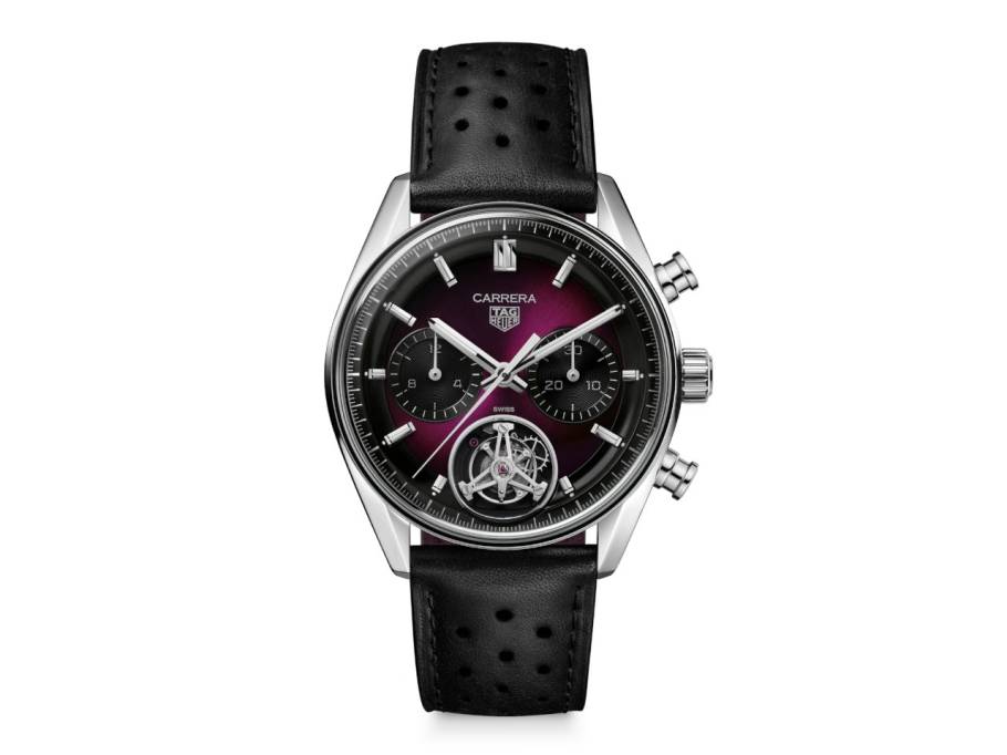 Carrera Chronograph Tourbillon Limited Edition Automatik Edelstahl 42mm violettes Zifferblatt schwarzes Lederband