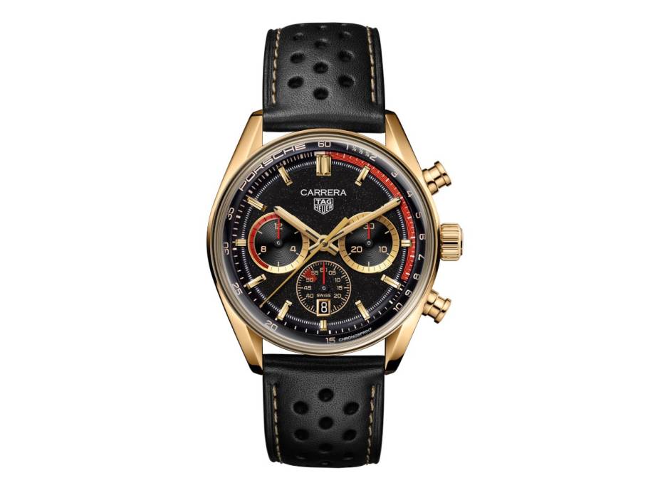 Carrera Chronosprint X Porsche Rallye Limited Edition Automatik Gelbgold 42mm schwarzes Zifferblatt schwarzes Lederband