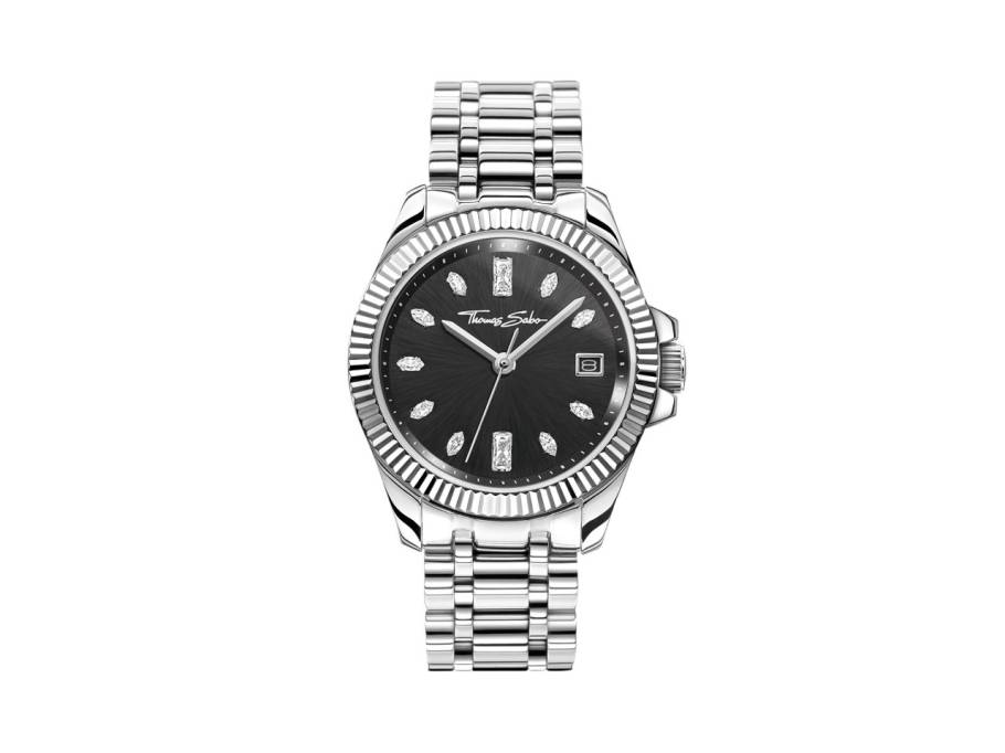 Divine Silver Quarz Edelstahl 33mm schwarzes Zifferblatt Metallband