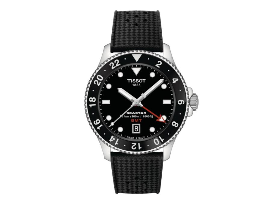 Seastar 1000 Quarz GMT Edelstahl 40mm schwarzes Zifferblatt schwarzes Kautschukband