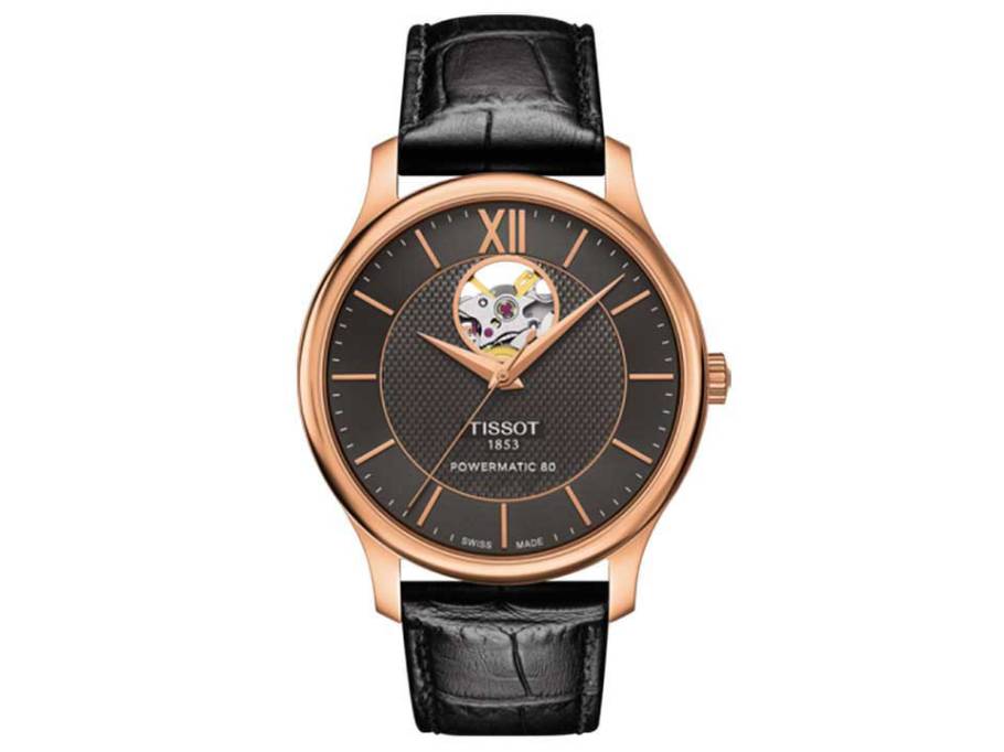 Tradition Powermatic 80 Open Heart PVD rosé schwarz Herrenuhr