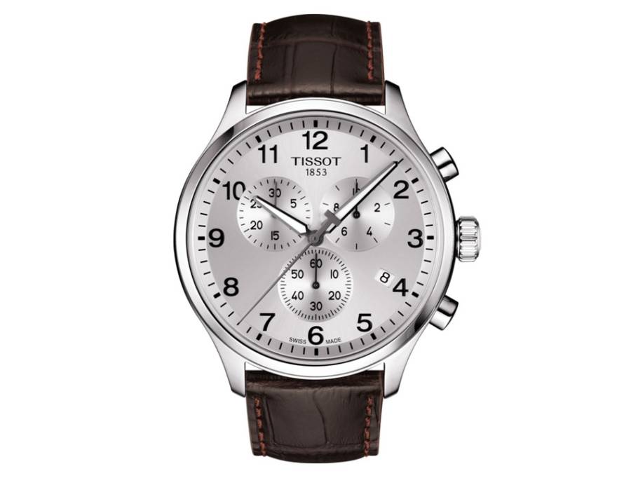 Chrono XL Quarz Edelstahl silber Lederband braun