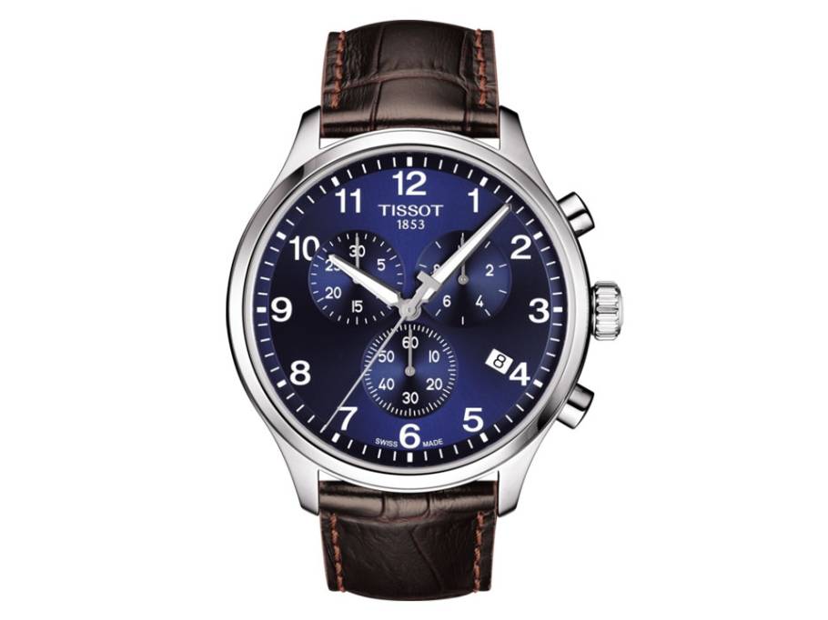 Chrono XL Quarz Edelstahl blau Lederband braun