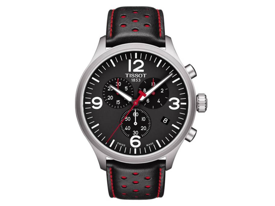 Chrono XL Quarz Edelstahl schwarz Lederband schwarz rot