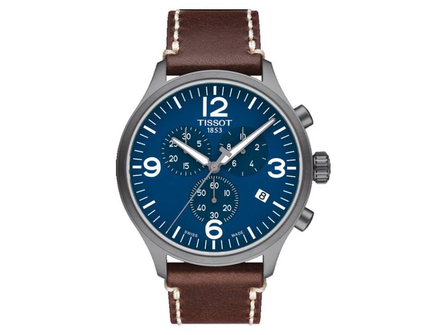 Chrono XL Quarz Edelstahl blau Lederband PVD grau
