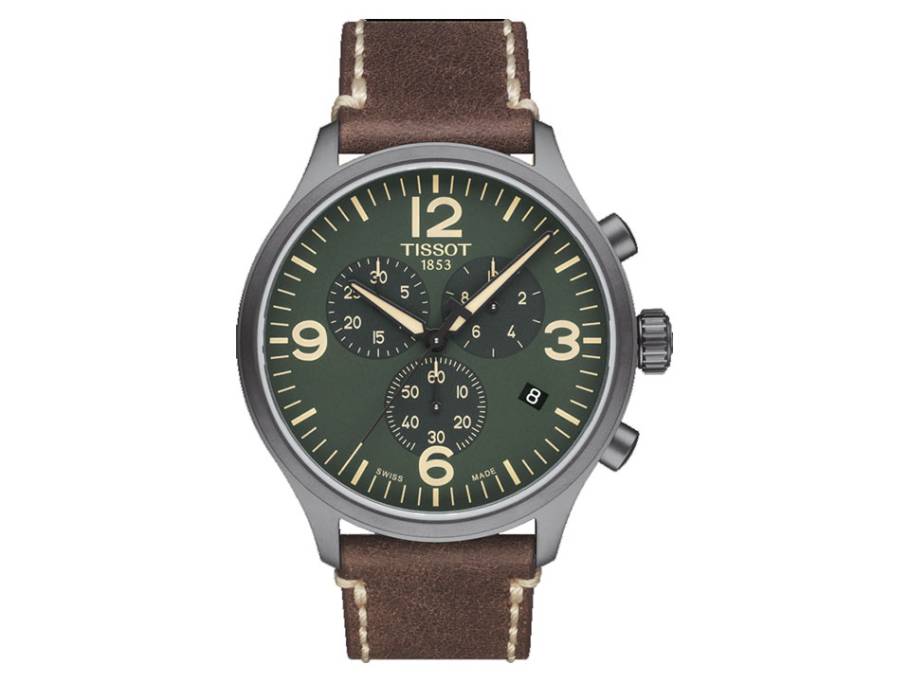 Chrono XL Quarz Edelstahl grün Lederband PVD grau