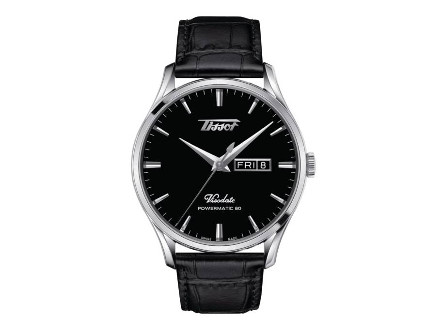 Heritage Visodate Powermatic 80 Edelstahl schwarzes Zifferblatt schwarzes Lederband