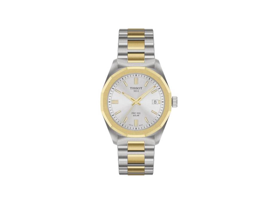 PRC100 Solar Quarz Edelstahl Gelbgold-PVD 34mm silbernes Zifferblatt Metallband