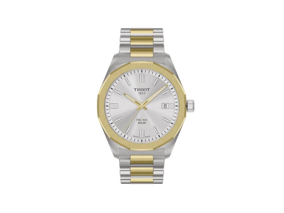 PRC100 Solar Quarz Edelstahl Gelbgold-PVD 39mm silbernes Zifferblatt Metallband