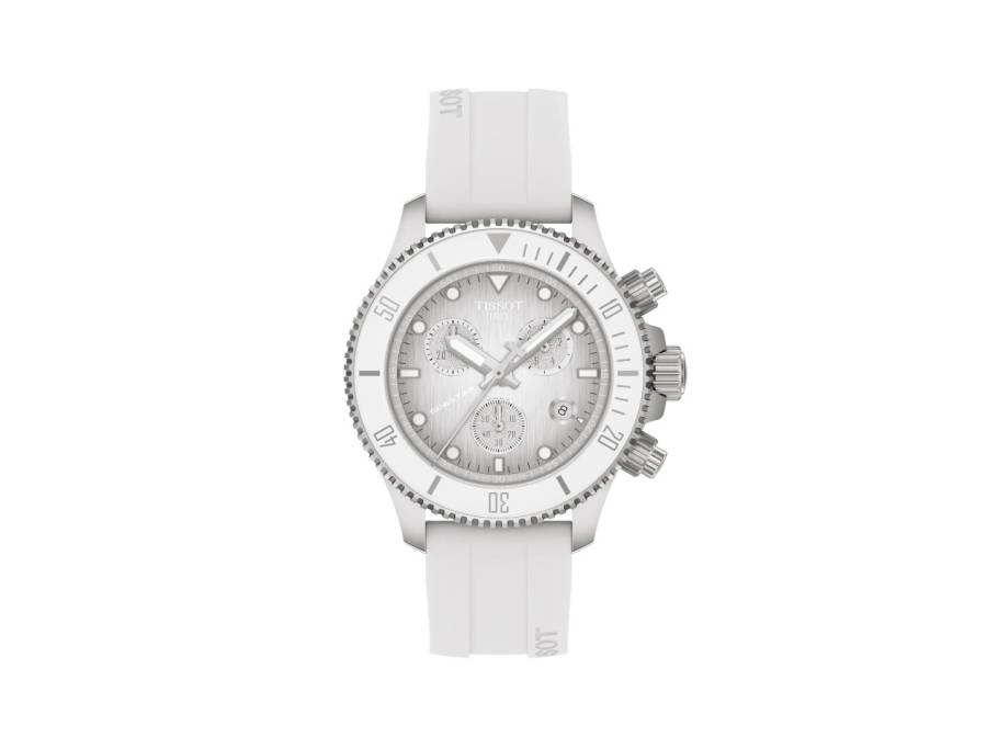 Seastar 1000 Chronograph Quarz Edelstahl 38mm silberfarbenes Zifferblatt weißes Silikonband