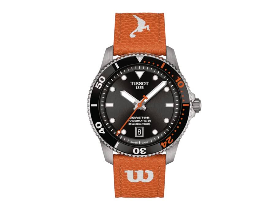 Seastar Wilson WNBA Automatik Edelstahl 40mm schwarzes Zifferblatt orangefarbenes Lederband