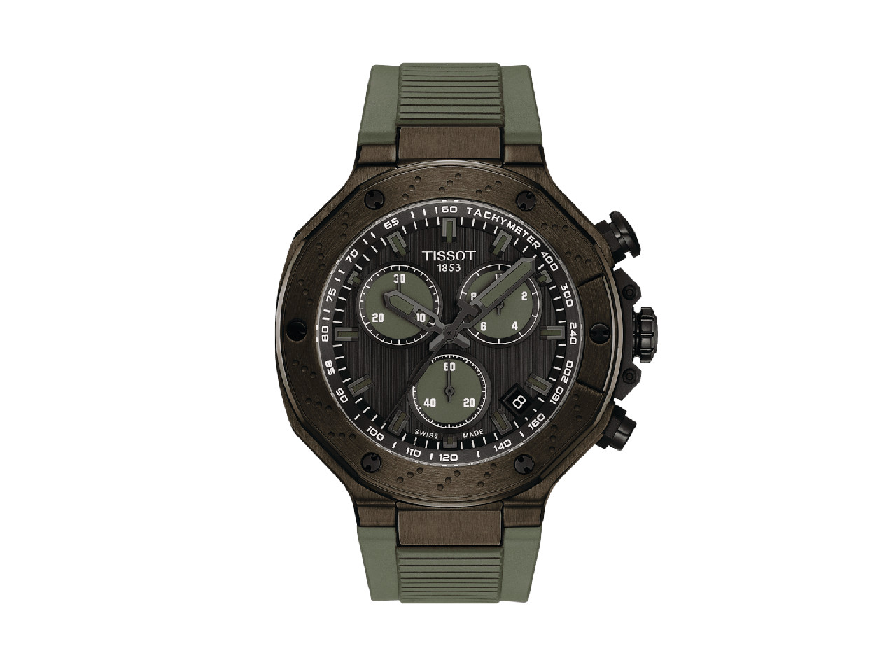 T Race Chronograph Quarz Edelstahl Grun PVD 45mm graues Zifferblatt grunes Kautschukband