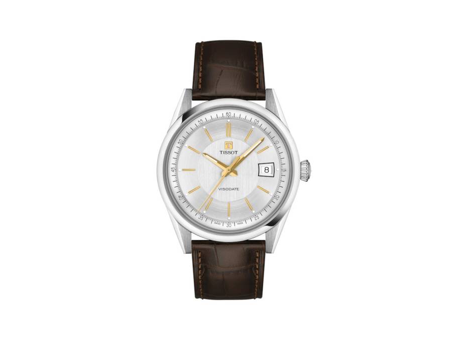 Visodate Automatik Edelstahl 40mm silberfarbenes Zifferblatt braunes Lederband