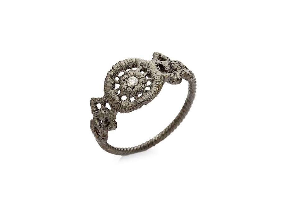 Turandot Ring Silber schwarz rhodiniert 9mm mit Brillant champagner