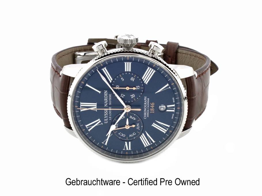 Ulysse Nardin Torpilleur Annual Chronograph Limited Edition Automatik Edelstahl 44mm blaues Zifferblatt braunes Lederband 1533-320LE-3A-175/1B Full Set Occasion Neu
