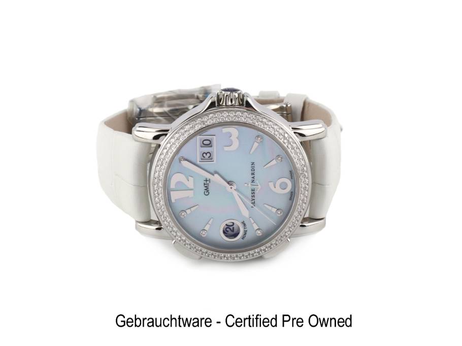 Ulysse Nardin Dual Time Lady Automatik Edelstahl Diamant-Lünette Perlmutt-Zifferblatt hellblau Lederband 223-28/693 Full Set Occasion Refurbished