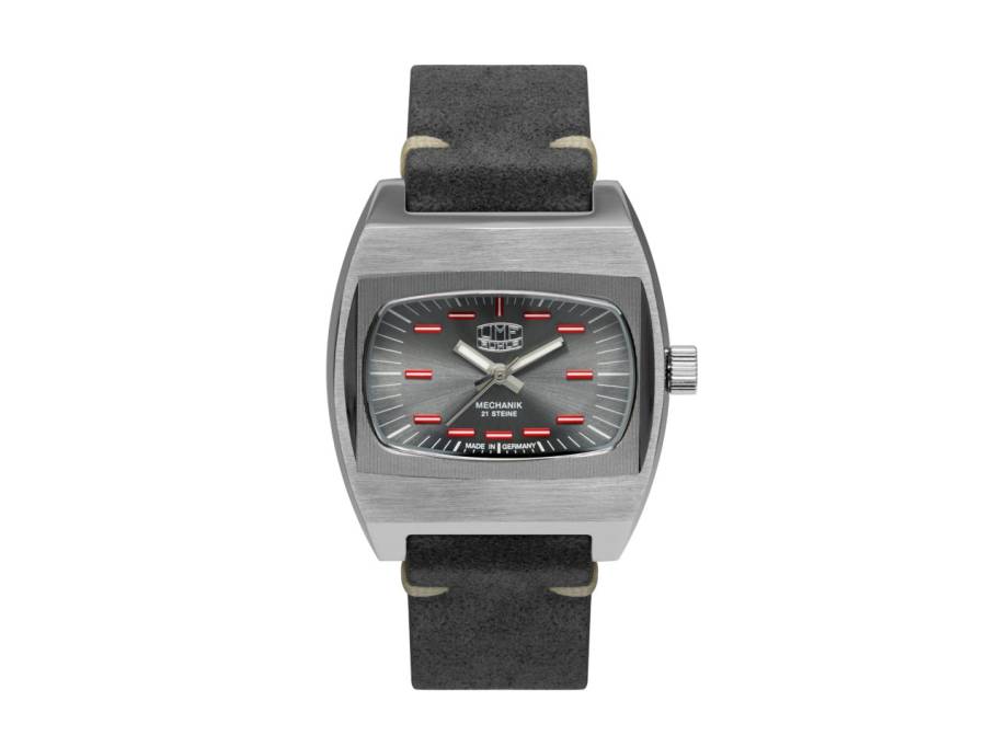 TV Gehäuse Handaufzug Edelstahl 41mm anthrazitfarbenes Zifferblatt graues Lederband limitiert