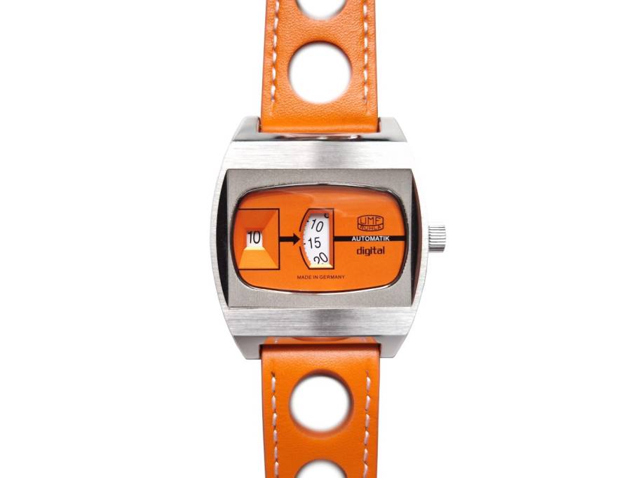 Scheibenuhr Automatik mit springender Stunde Edelstahl 41mm oranges Zifferblatt oranges Lederband limitiert