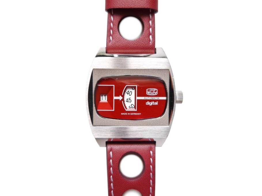 Scheibenuhr Automatik mit springender Stunde Edelstahl 41mm rotes Zifferblatt rotes Lederband limitiert