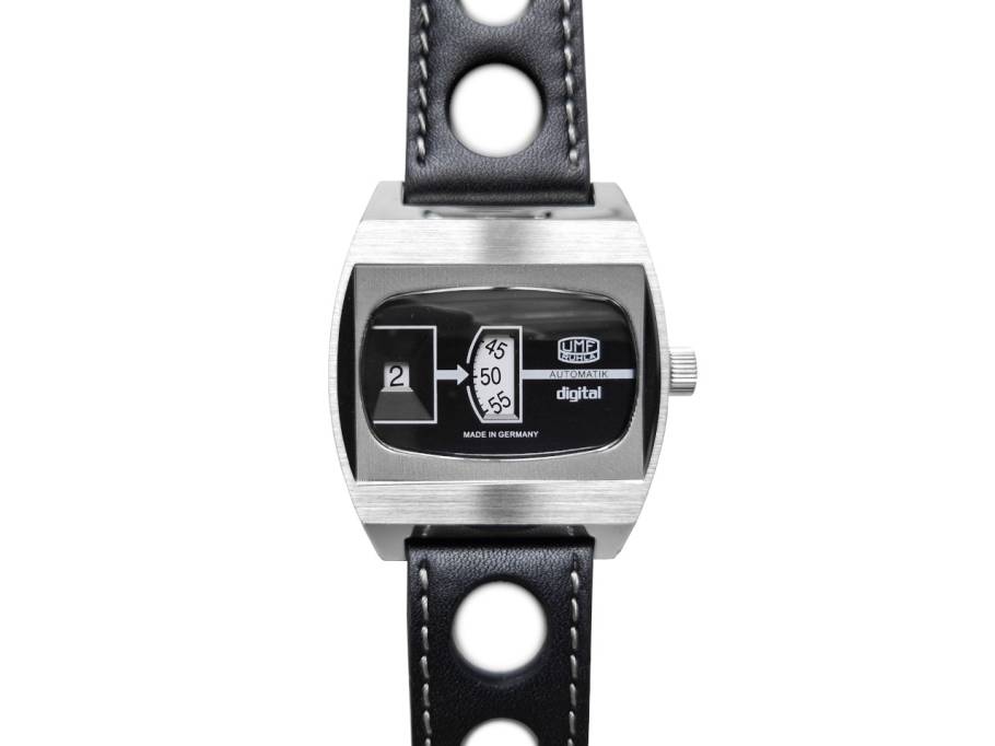 Scheibenuhr Automatik mit springender Stunde Edelstahl 41mm schwarzes Zifferblatt schwarzes Lederband limitiert