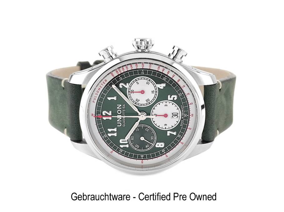 Belisar Chronograph Automatik Edelstahl 44mm weiß-grünes Zifferblatt grünes Lederband D009.427.16.092.00 Full Set Occasion Neu