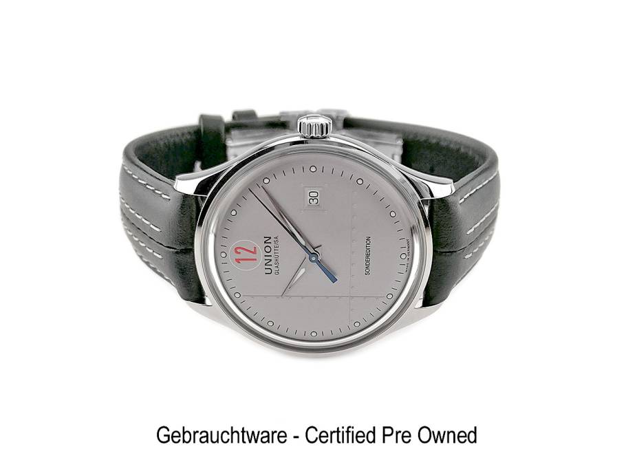 Noramis Datum Edition Paul Pietsch Automatik Edelstahl 40mm silbernes Zifferblatt schwarzes Lederband D012.407.16.032.00 Full Set Occasion ungetragen