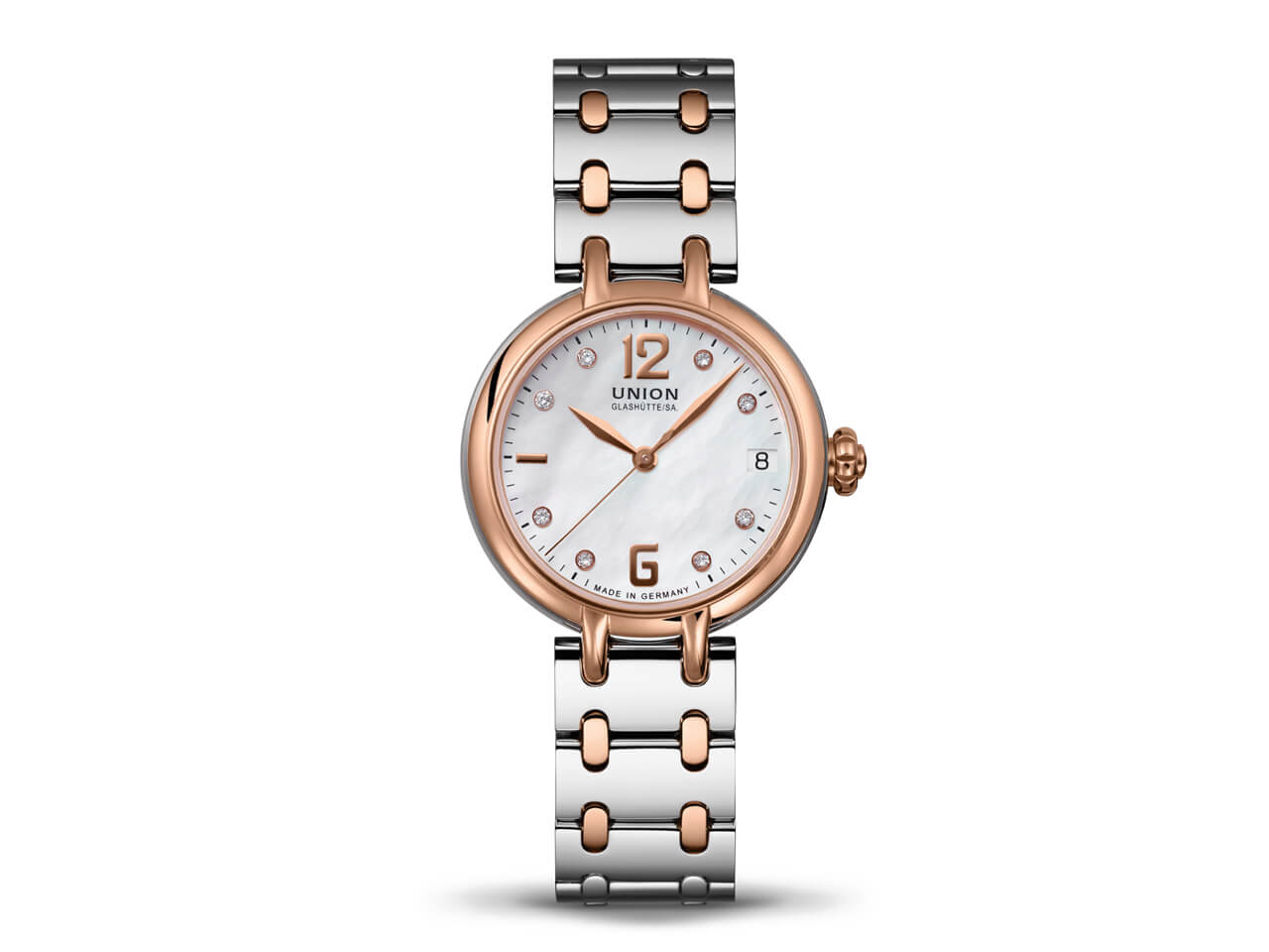 Union Glashütte Sirona Damenuhr Edelstahl Roségold Perlmutt weiß  