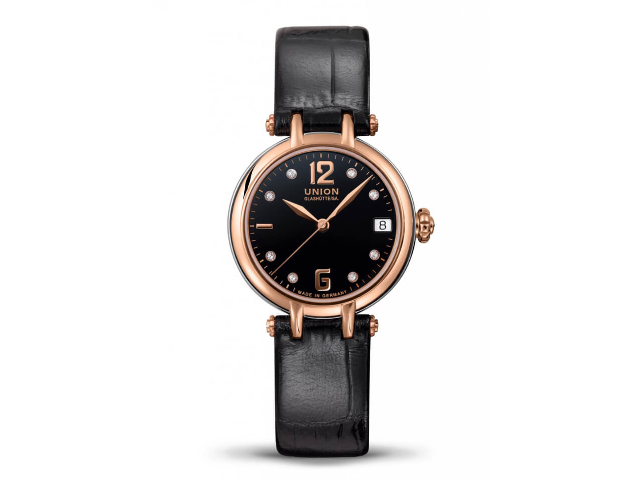 Union Glashütte Sirona Damenuhr Edelstahl Roségold schwarzes  