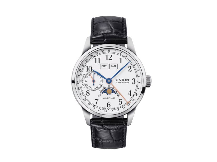 1893 Johannes Dürrstein Edition Mondphase Handaufzug Edelstahl 41mm weißes Zifferblatt schwarzes Lederband