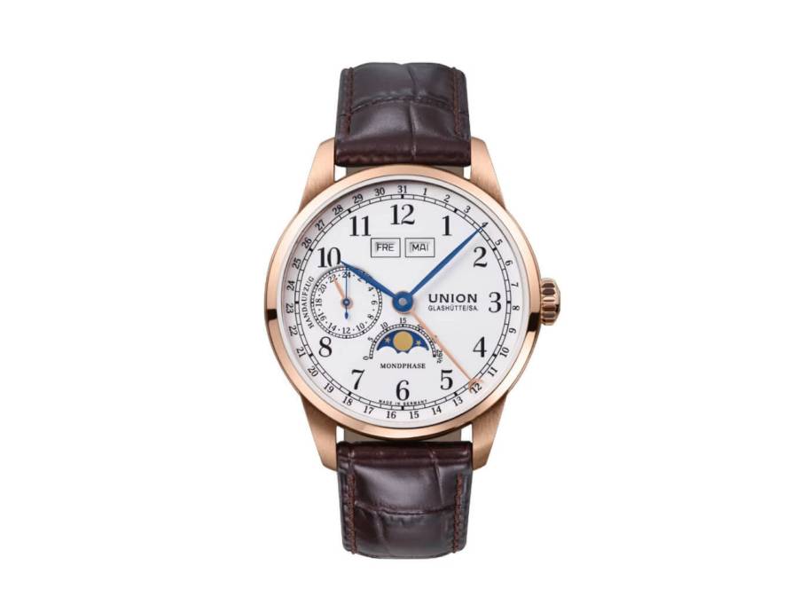 1893 Johannes Dürrstein Edition Handaufzug Mondphase Rosegold 41mm weißes Zifferblatt braunes Lederband limitiert