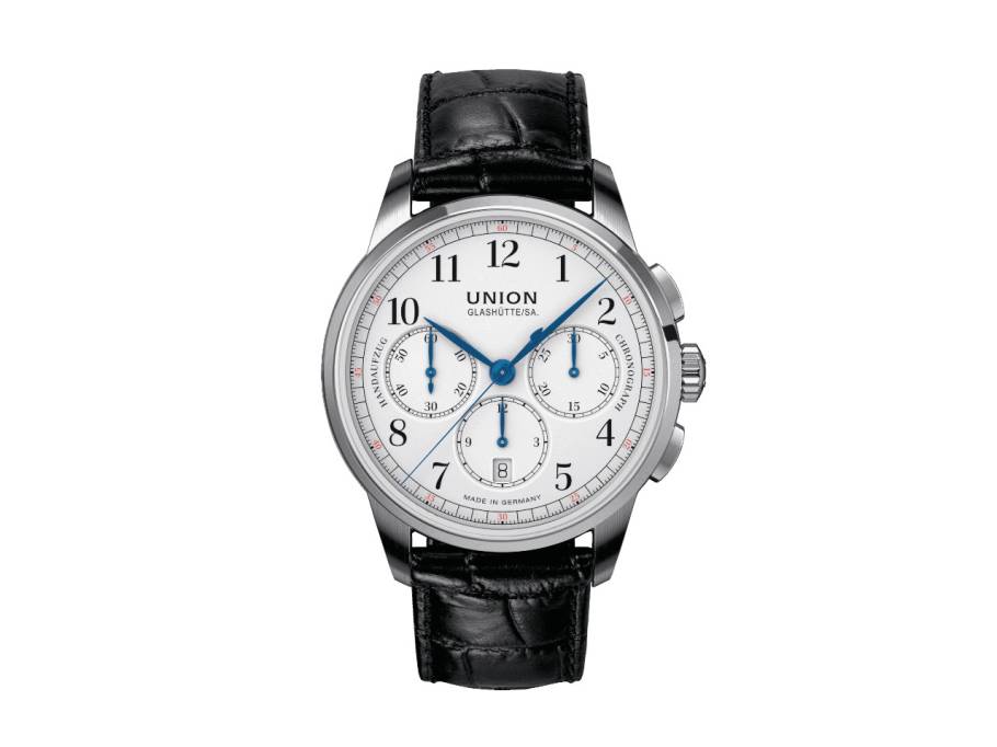1893 Johannes Dürrstein Edition Chronograph Handaufzug Edelstahl 42mm weißes Zifferblatt schwarzes Lederband