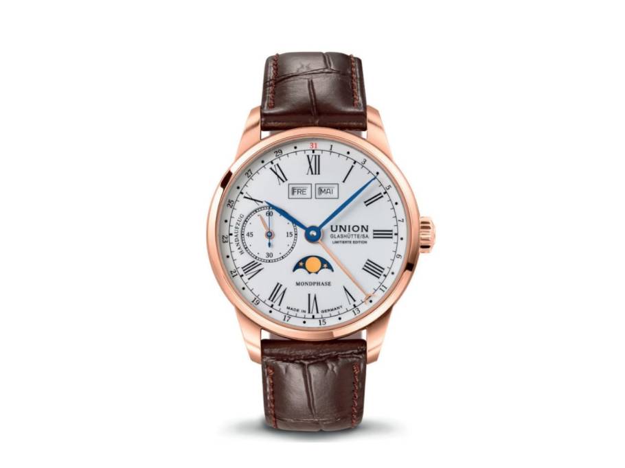 1893 Johannes Dürrstein Mondphase Limited Edition Handaufzug Rotgold 41mm weißes Zifferblatt braunes Lederband