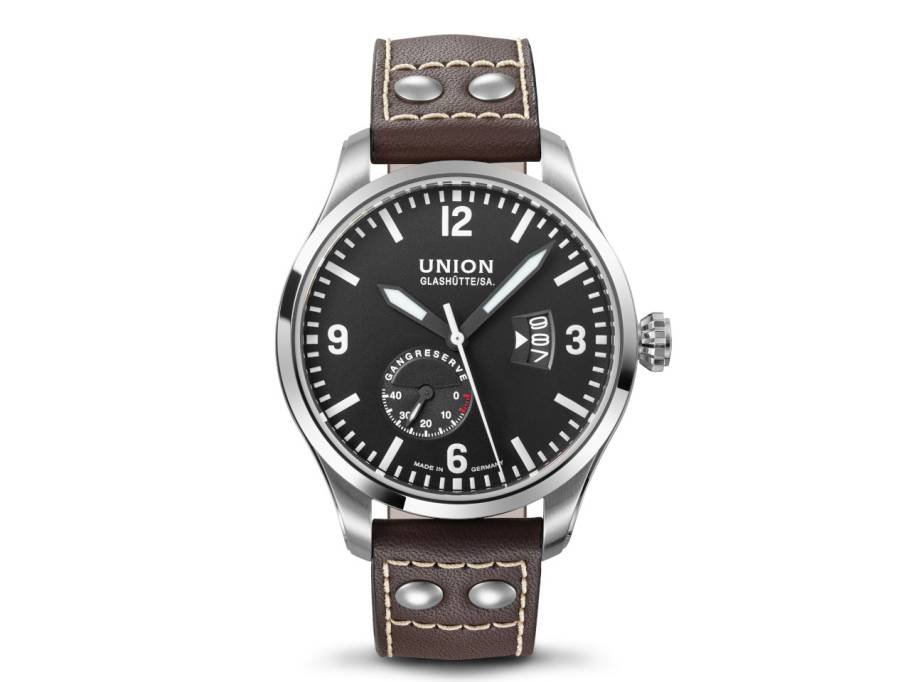 Belisar Pilot Automatik Edelstahl 45mm schwarzes Zifferblatt braunes Lederband
