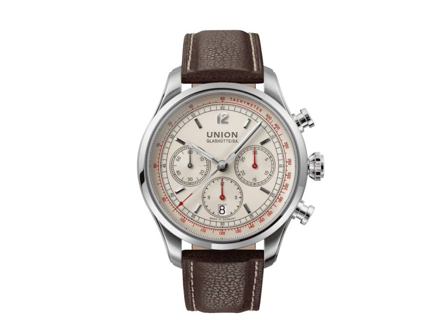            Belisar Chronograph Automatik Edelstahl 44mm beiges Zifferblatt braunes Lederband