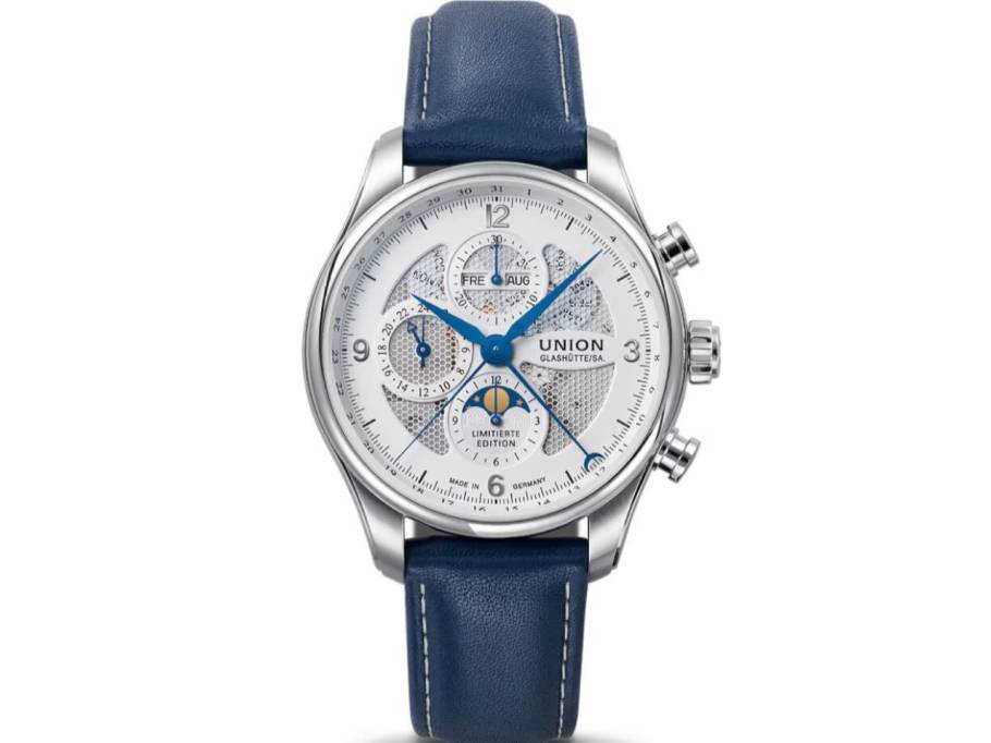         Belisar Chronograph Mondphase Sachsen Classic 2019 Limited Edition Automatik Edelstahl 44mm weißes Zifferblatt blaues Lederband
